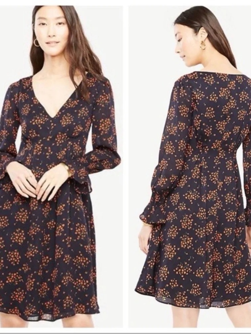 Ann Taylor Navy Floral V-Neck Midi Dress with Rust Accent